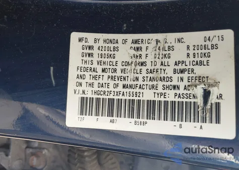 2015 Honda Accord Lx from USA, damaged, VIN 1HGCR2F3XFA155921